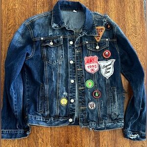 Distressed Denim Jacket + Lots of Sewn on Patches